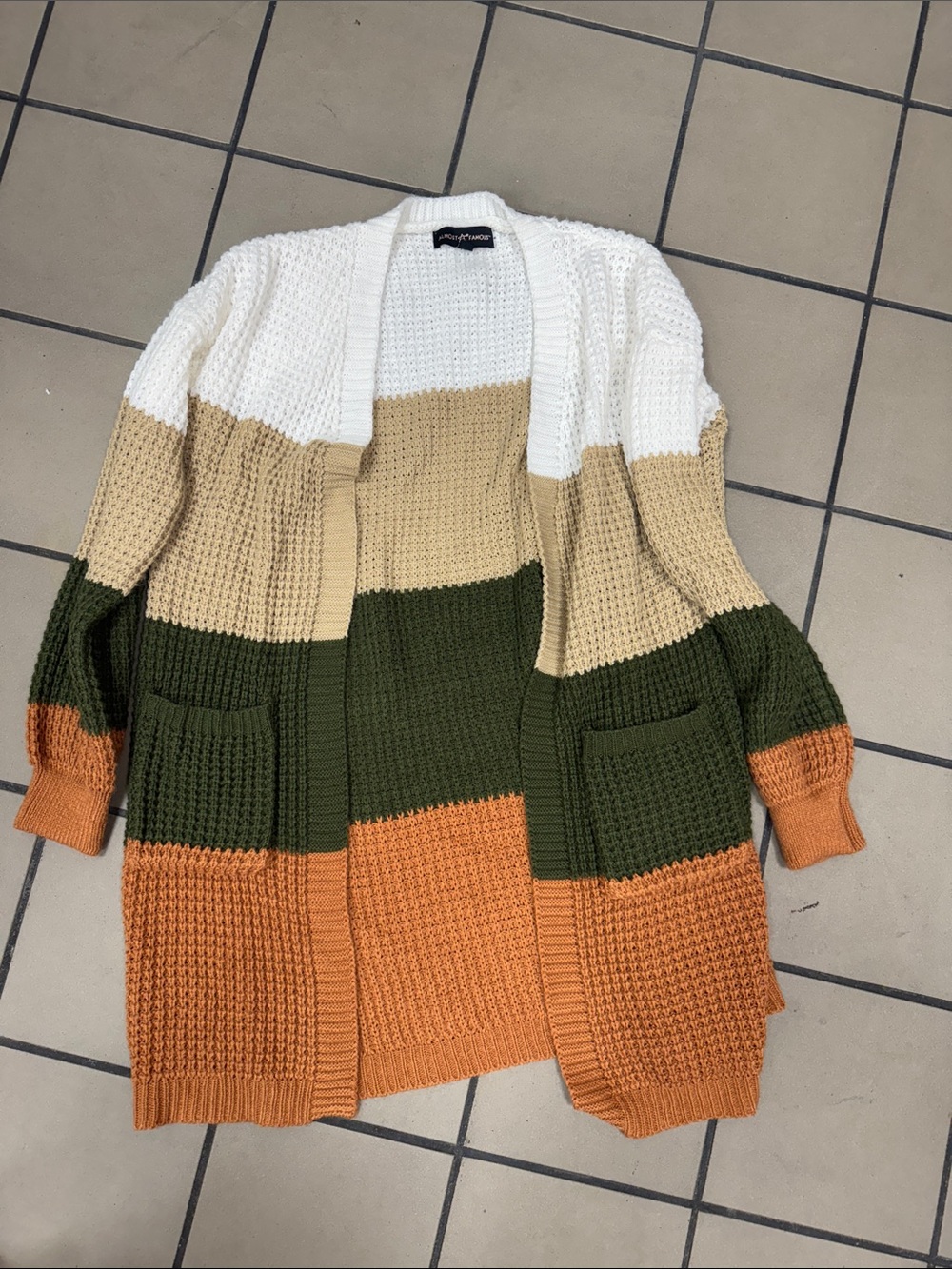 Almost Famous Colorblock Chunky Open-Front Cardigan - White/Beige/Green/Orange